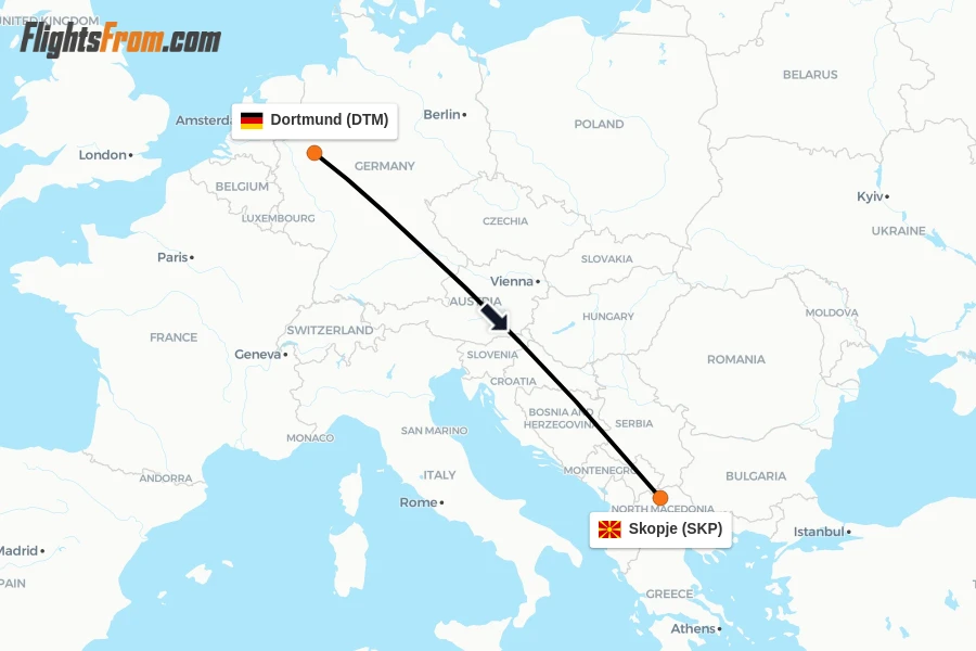 Flights from Dortmund to Skopje route map