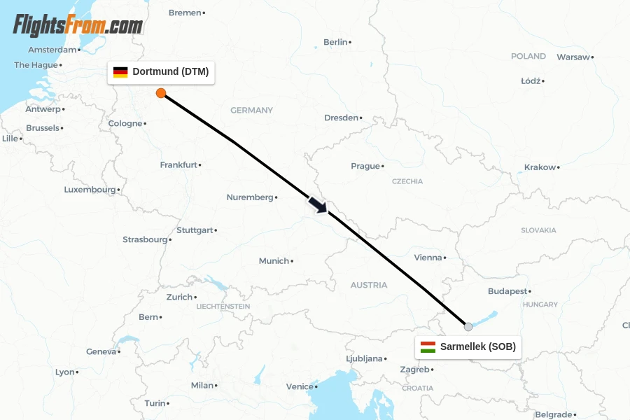 Flights from Dortmund to Sarmellek route map