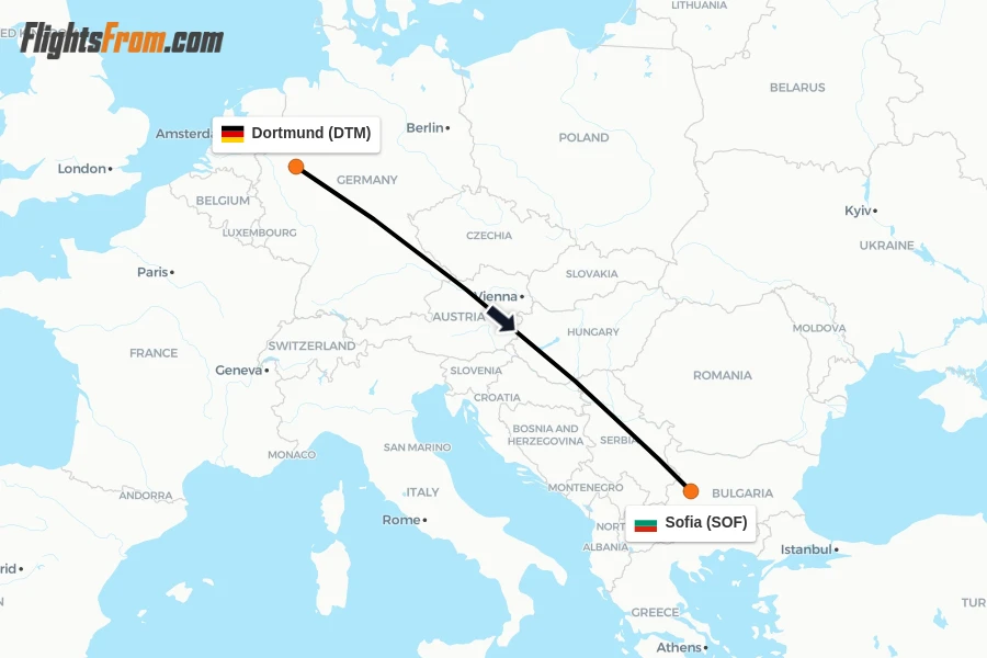 Flights from Dortmund to Sofia route map