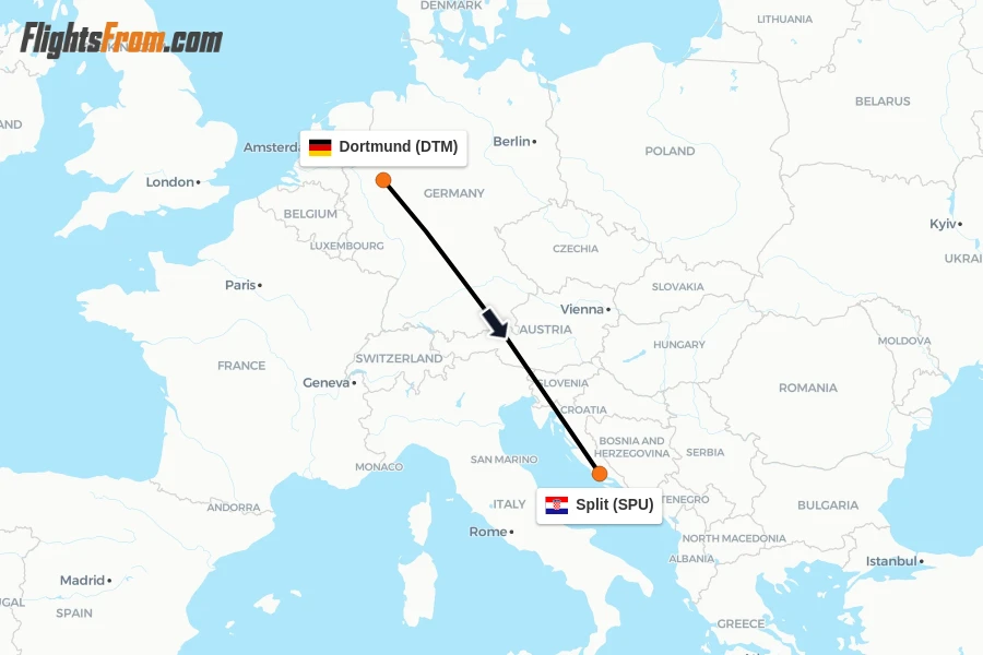 Flights from Dortmund to Split route map