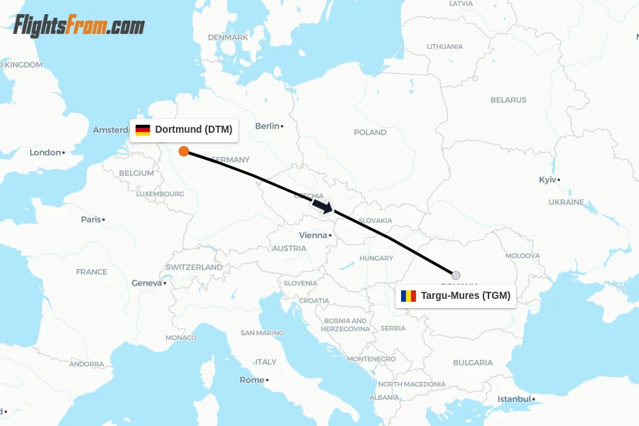 Flights from Dortmund to Targu-Mures route map