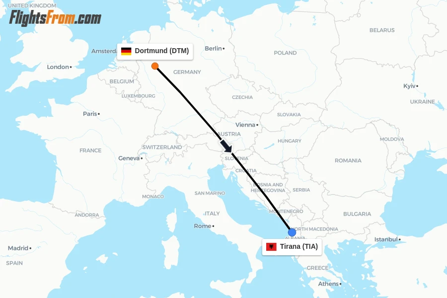 Flights from Dortmund to Tirana route map