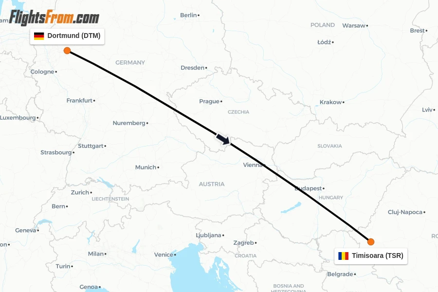 Flights from Dortmund to Timisoara route map