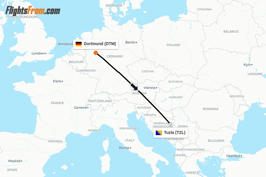 Flights from Dortmund to Tuzla route map
