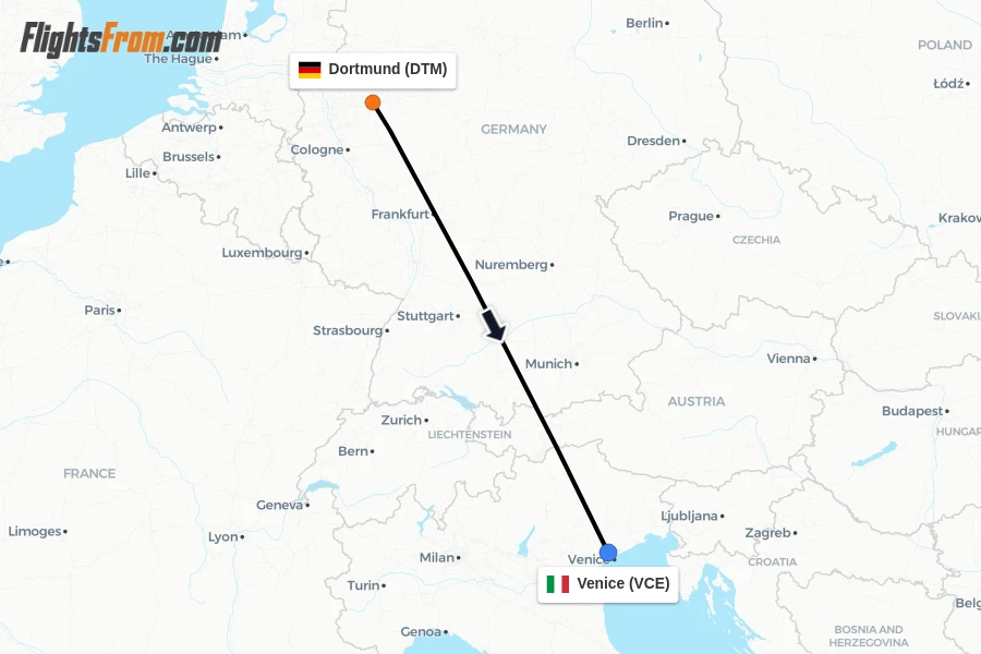 Flights from Dortmund to Venice route map