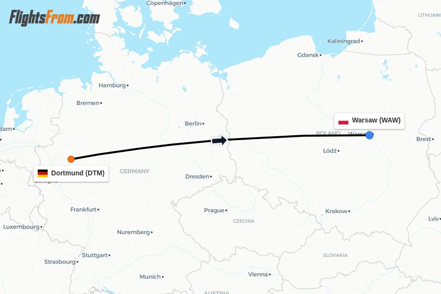 Flights from Dortmund to Warsaw route map