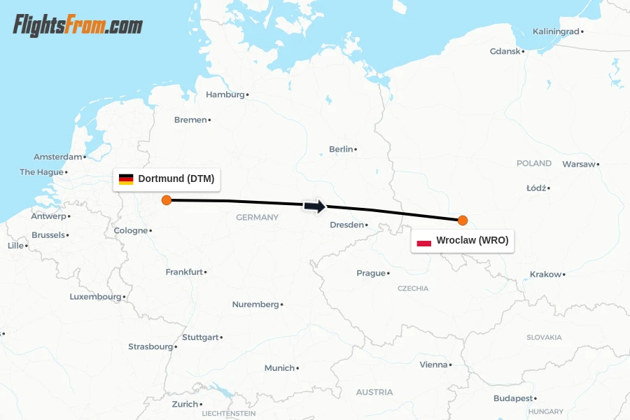 Flights from Dortmund to Wroclaw route map