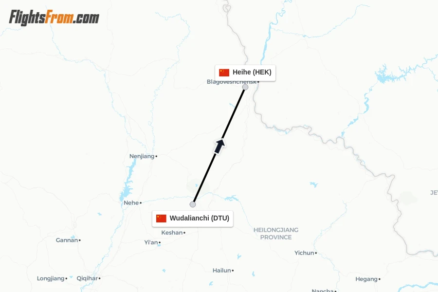Flights from Wudalianchi to Heihe route map