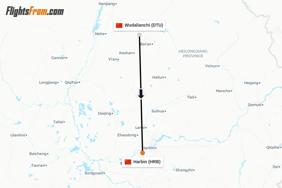 Flights from Wudalianchi to Harbin route map