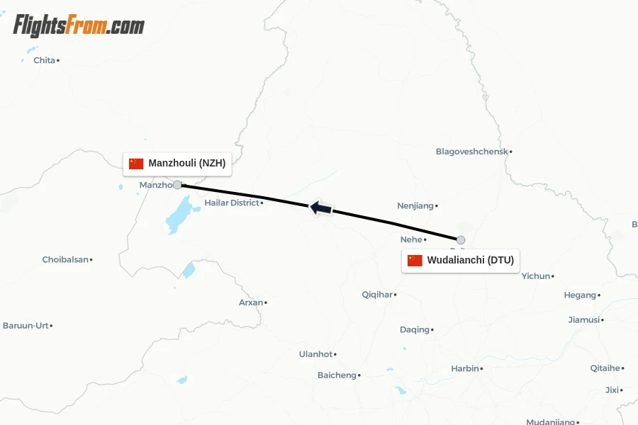 Flights from Wudalianchi to Manzhouli route map