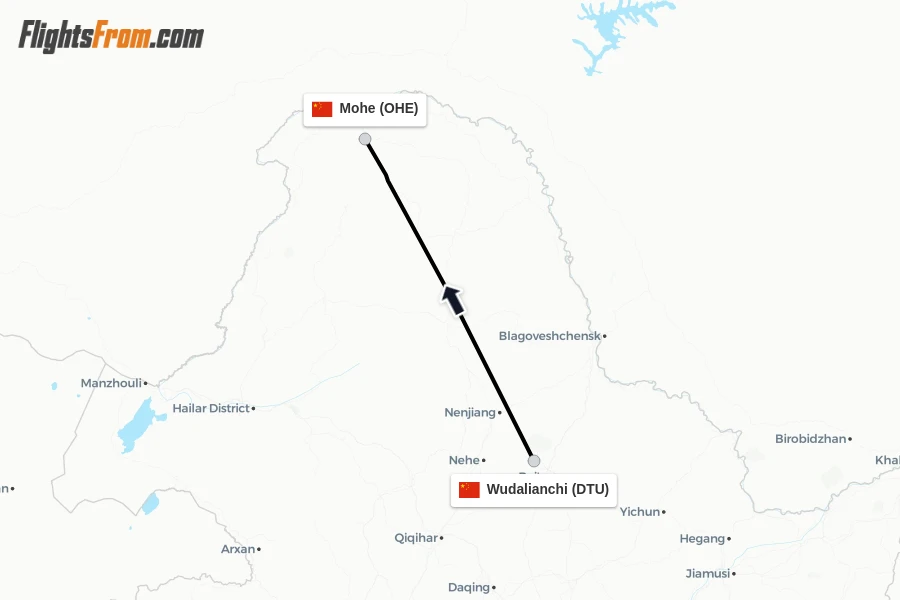 Flights from Wudalianchi to Mohe route map