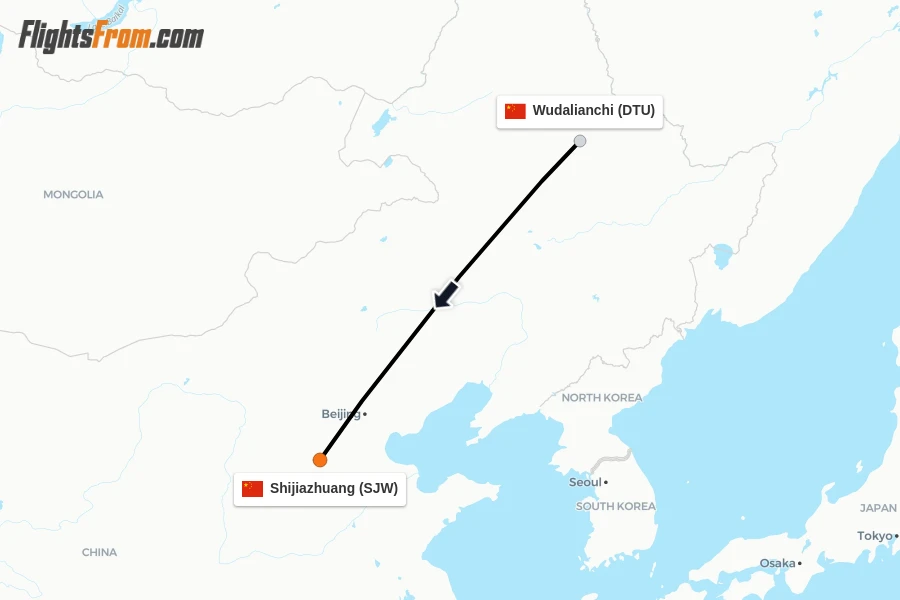 Flights from Wudalianchi to Shijiazhuang route map
