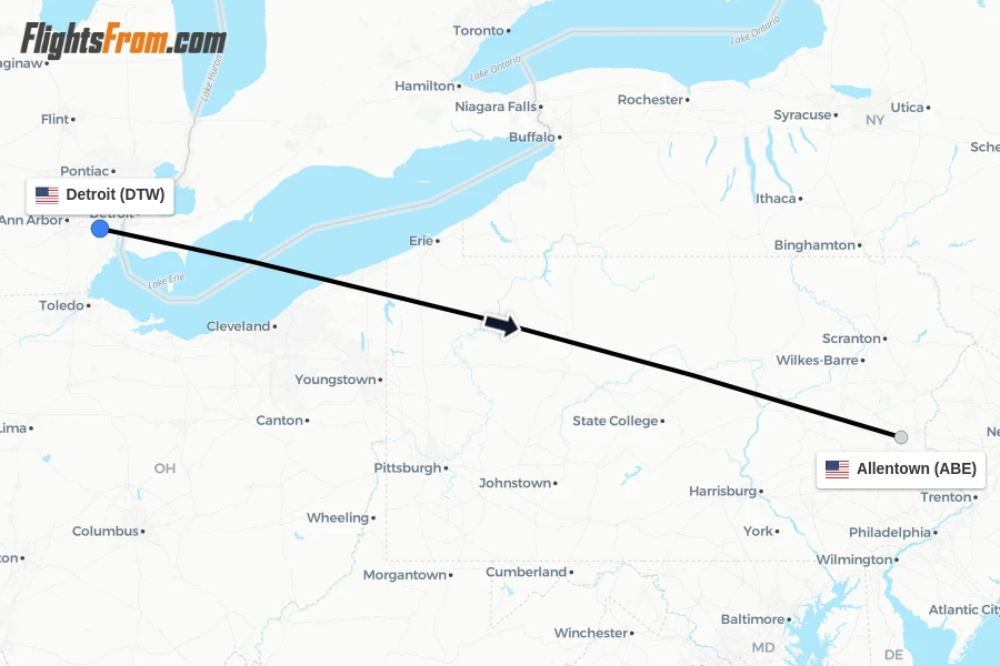 Flights from Detroit to Allentown route map