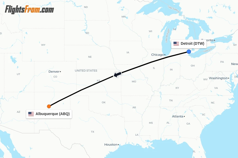 Flights from Detroit to Albuquerque route map