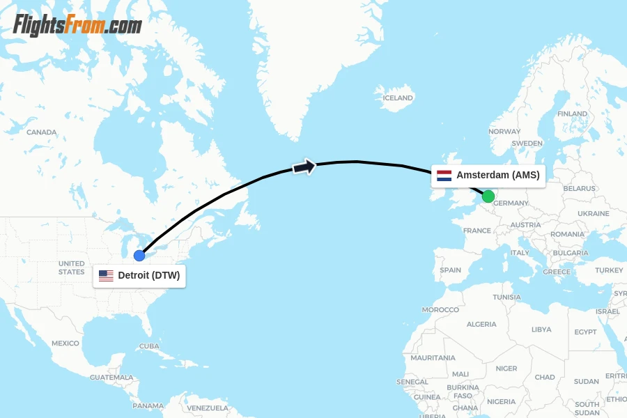 Flights from Detroit to Amsterdam route map