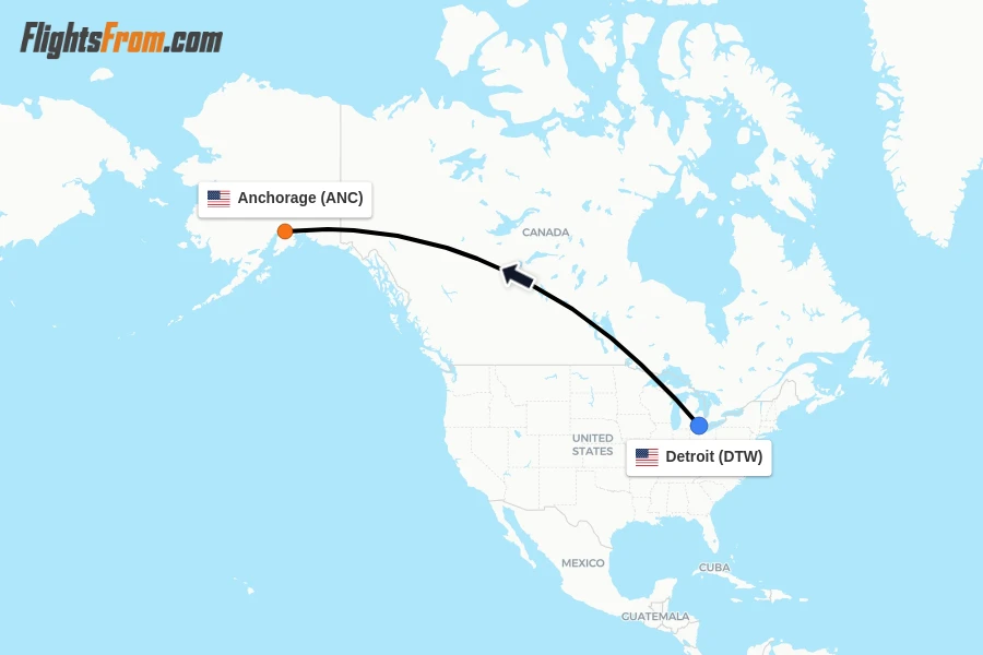 Flights from Detroit to Anchorage route map