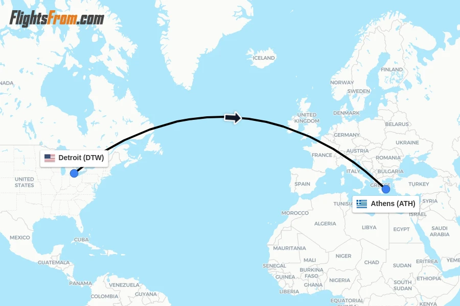 Flights from Detroit to Athens route map