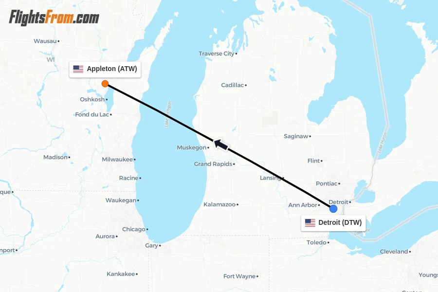 Flights from Detroit to Appleton route map