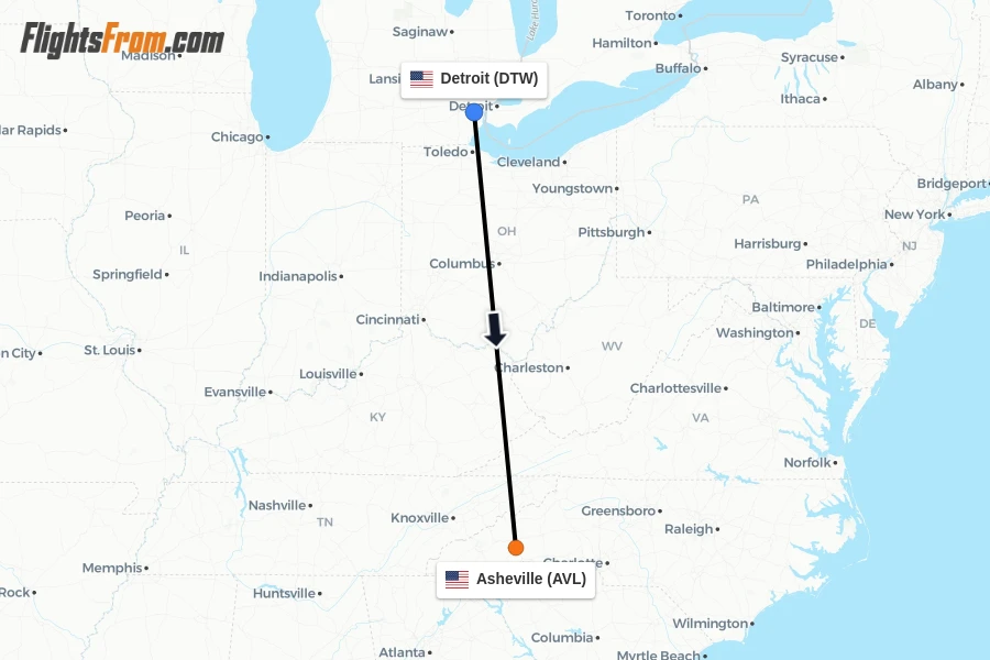 Flights from Detroit to Asheville route map