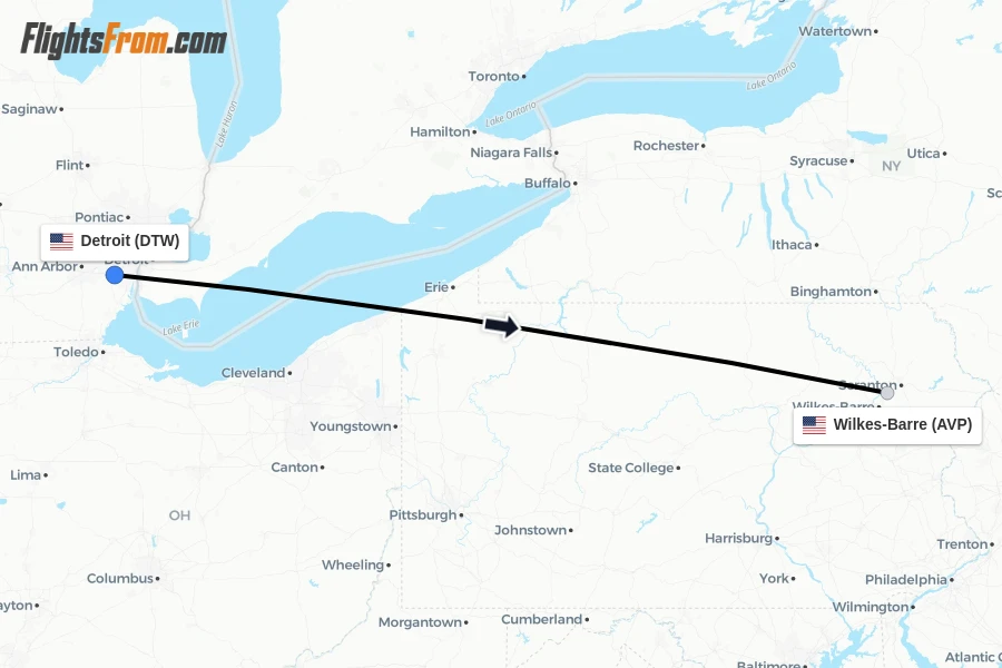 Flights from Detroit to Wilkes-Barre route map