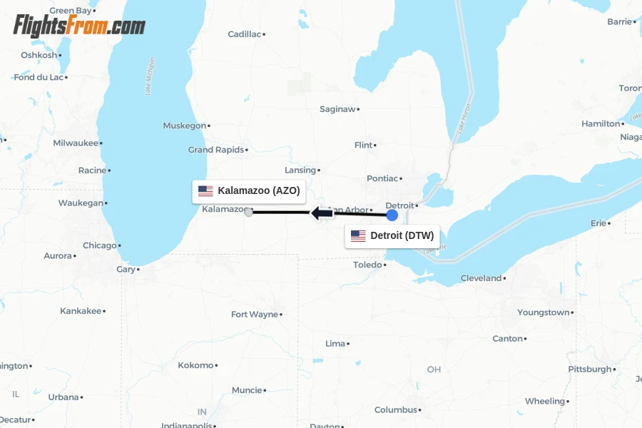 Flights from Detroit to Kalamazoo route map