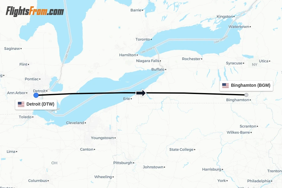 Flights from Detroit to Binghamton route map