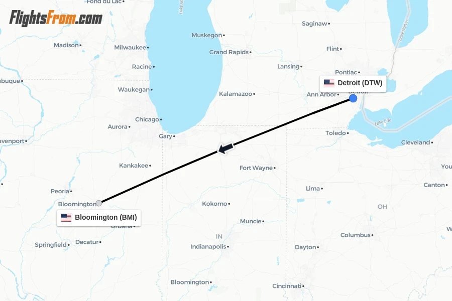 Flights from Detroit to Bloomington route map