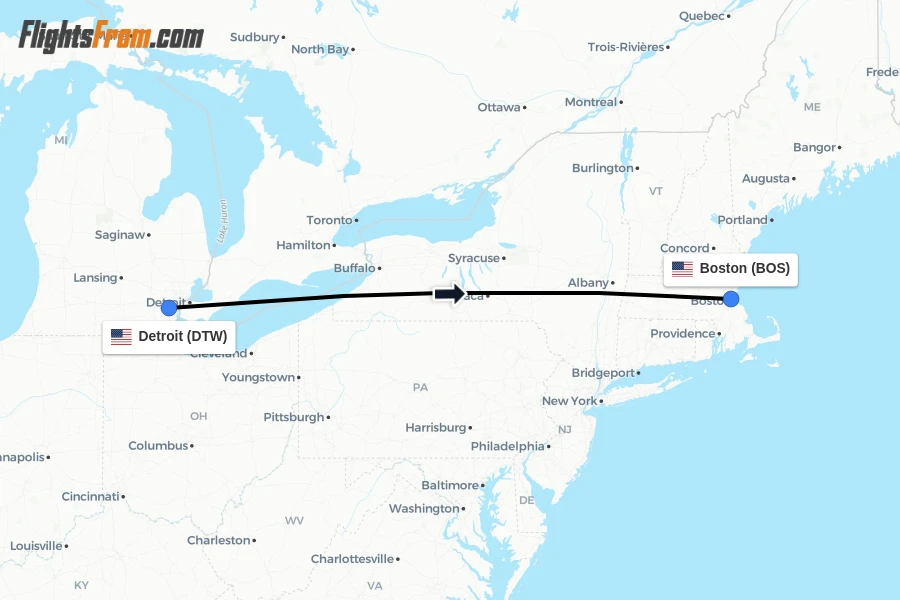 Flights from Detroit to Boston route map