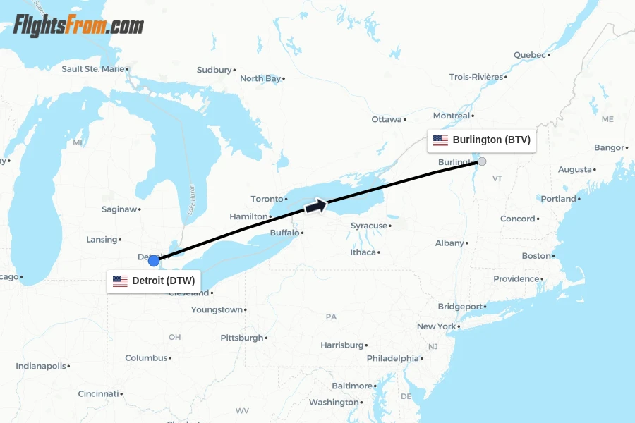Flights from Detroit to Burlington route map