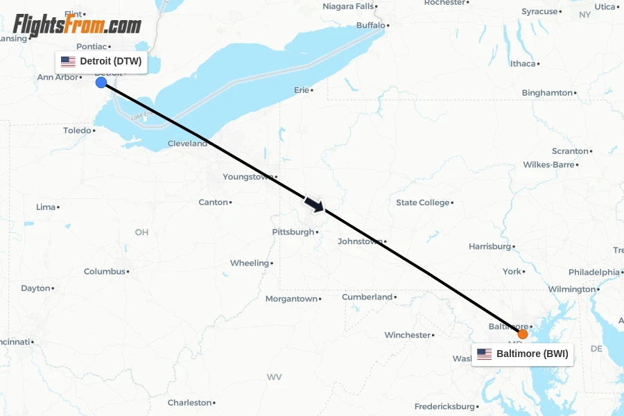Flights from Detroit to Baltimore route map