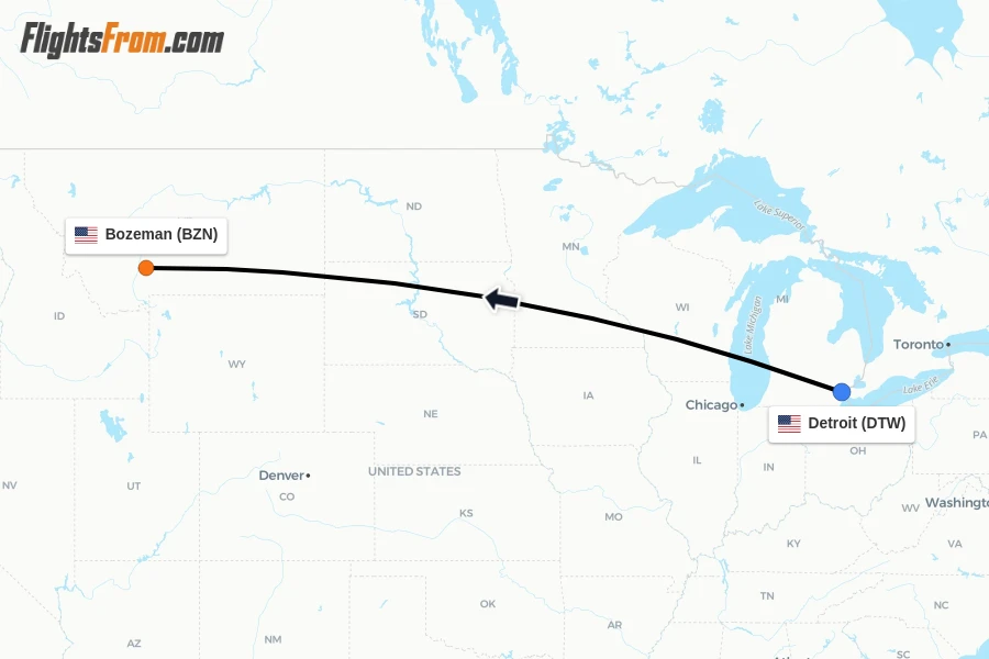 Flights from Detroit to Bozeman route map