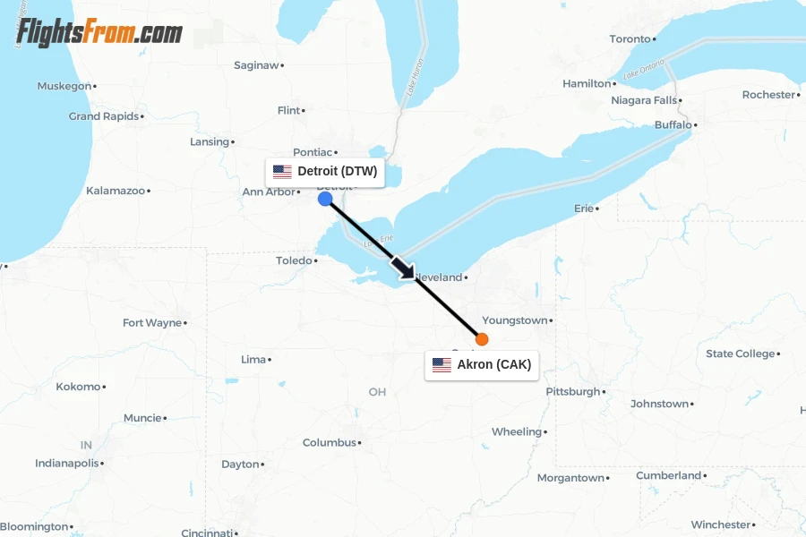 Flights from Detroit to Akron route map