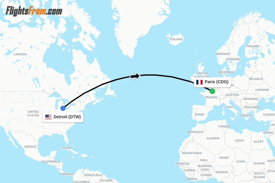 Flights from Detroit to Paris route map