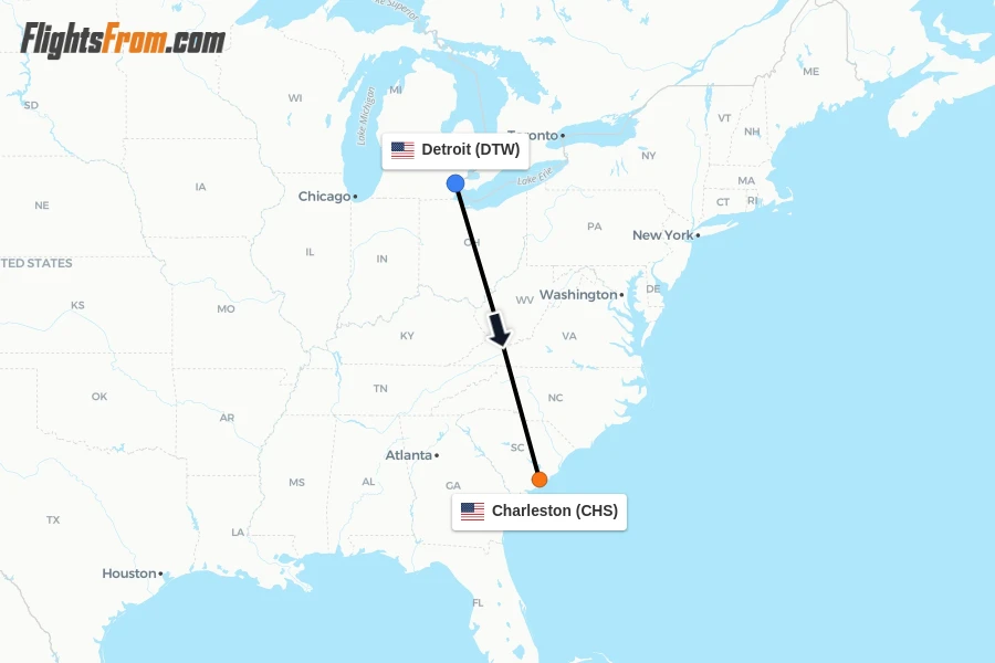 Flights from Detroit to Charleston route map