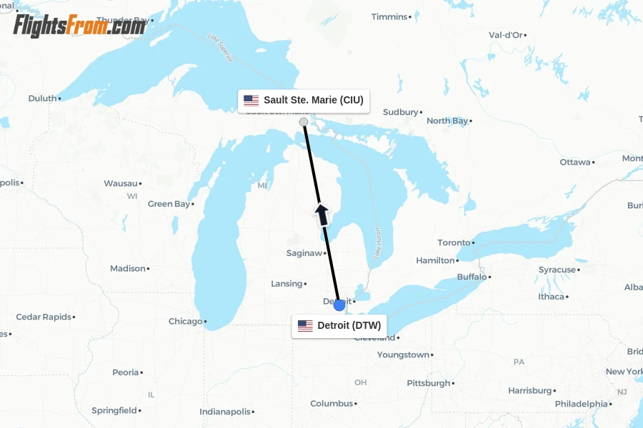 Flights from Detroit to Sault Ste. Marie route map