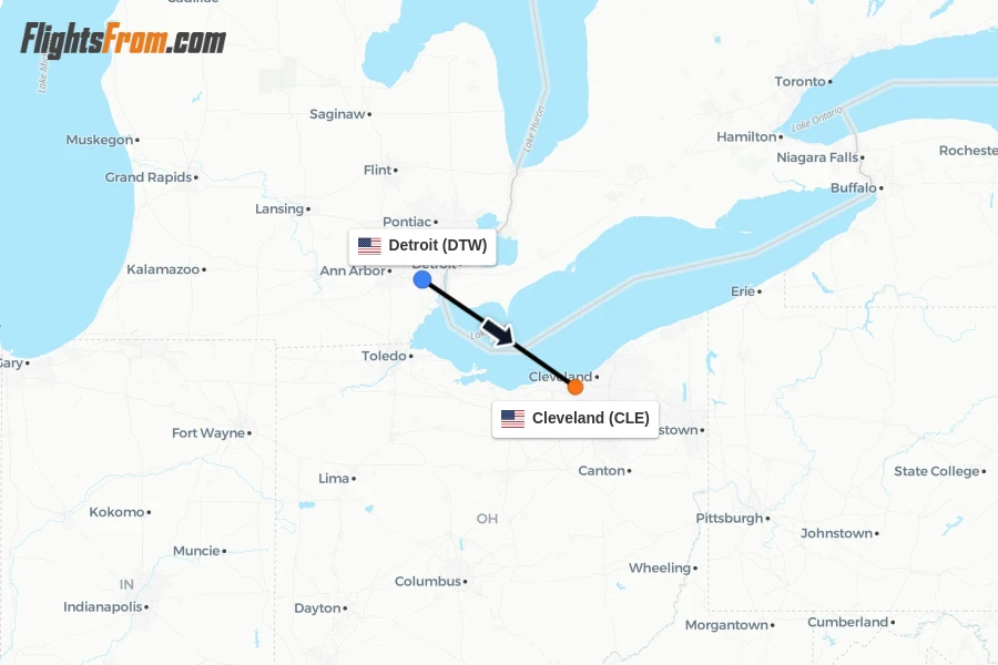 Flights from Detroit to Cleveland route map