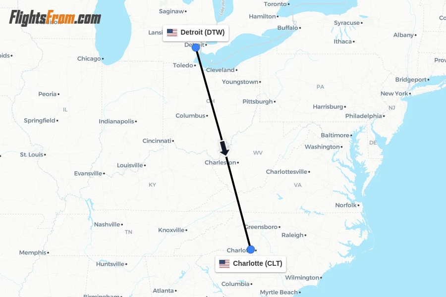 Flights from Detroit to Charlotte route map