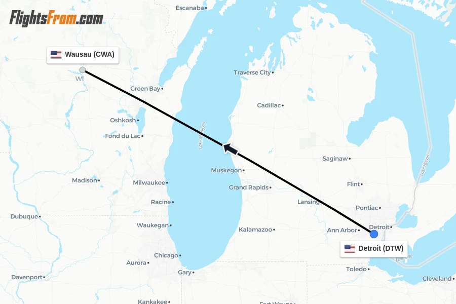 Flights from Detroit to Wausau route map