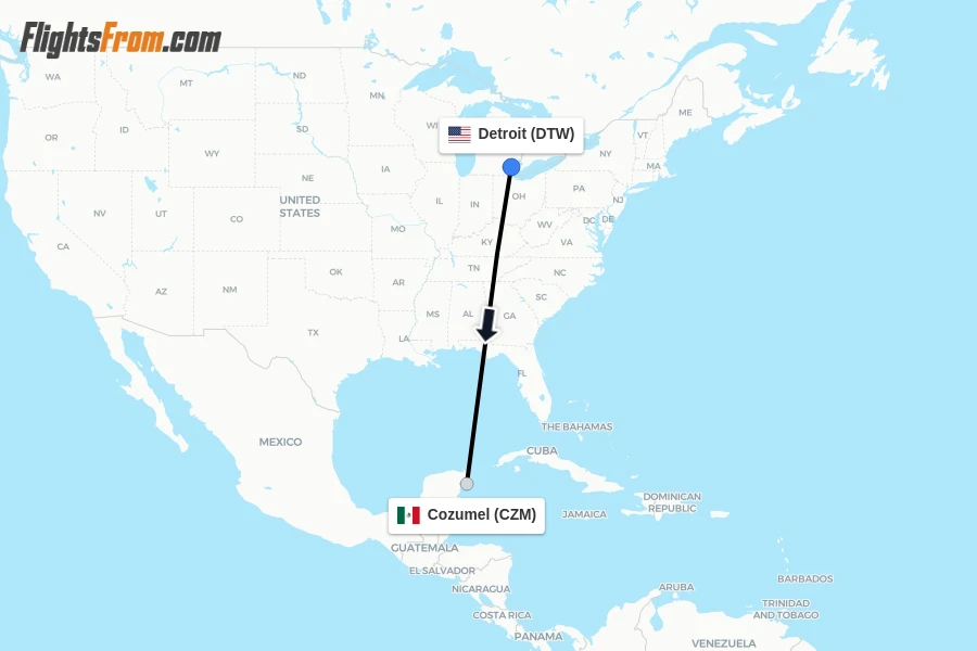Flights from Detroit to Cozumel route map