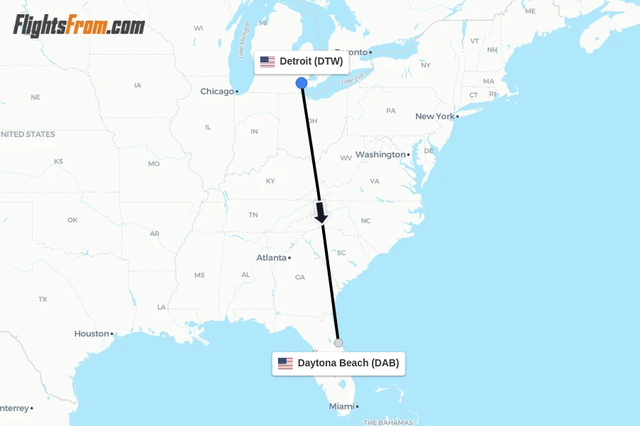 Flights from Detroit to Daytona Beach route map