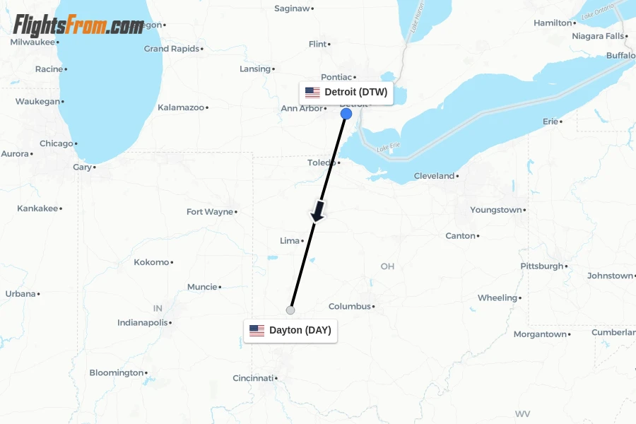 Flights from Detroit to Dayton route map