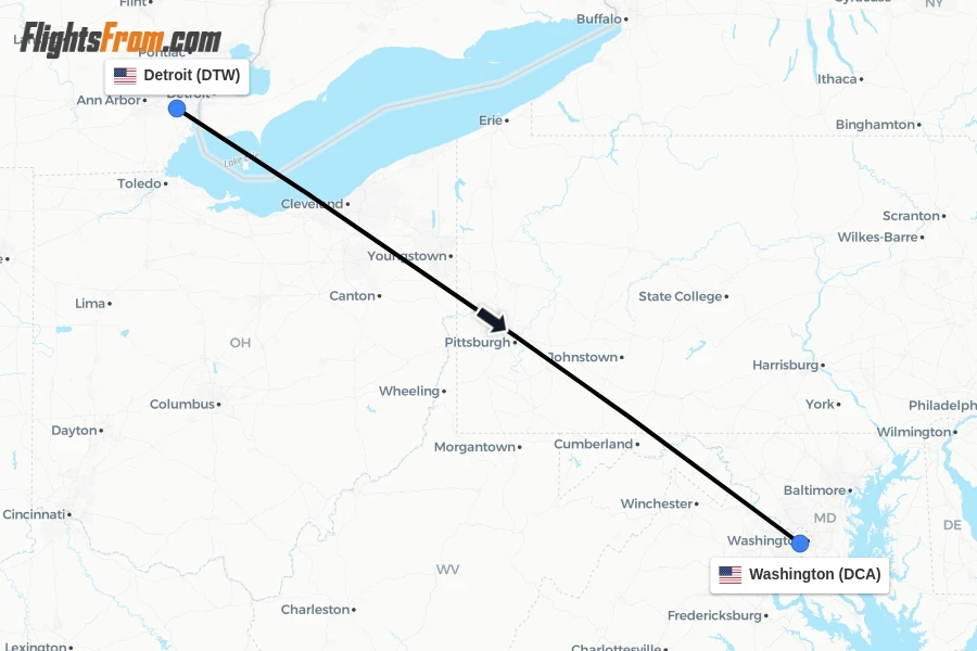 Flights from Detroit to Washington route map