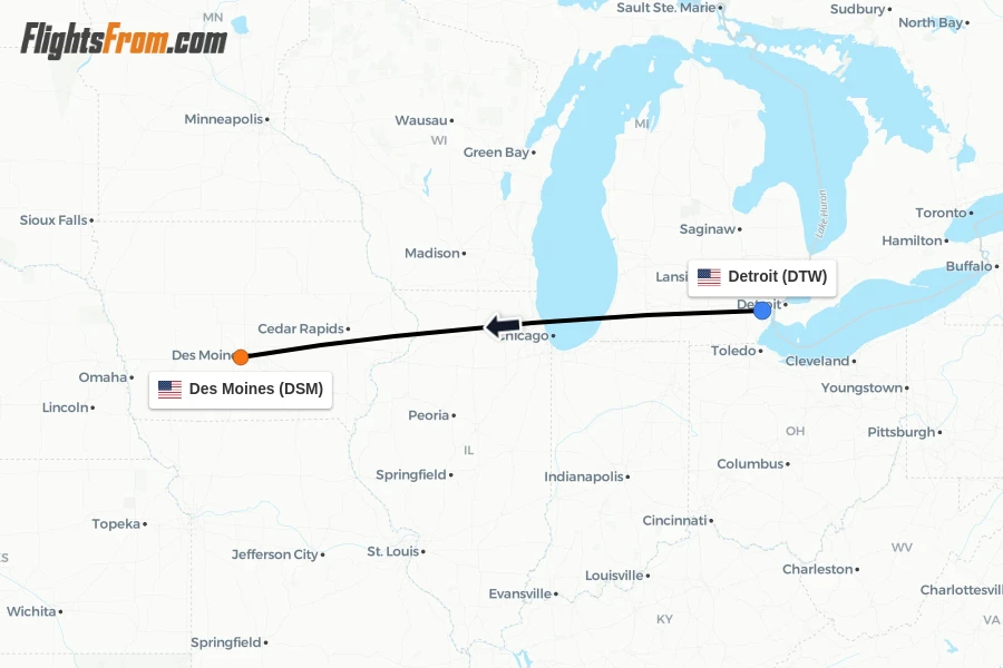 Flights from Detroit to Des Moines route map