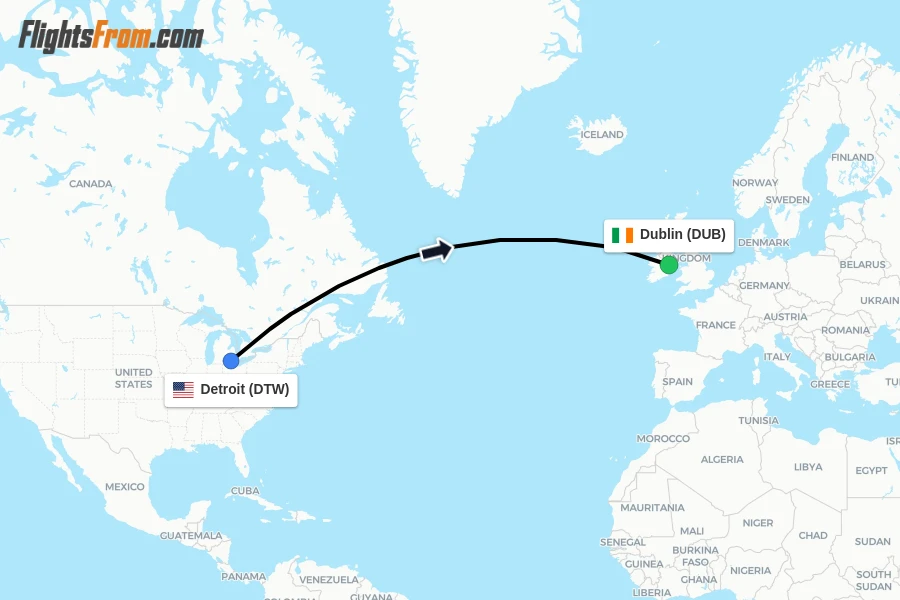 Flights from Detroit to Dublin route map