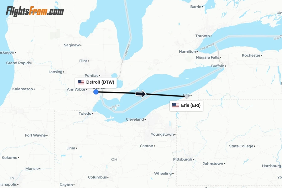 Flights from Detroit to Erie route map