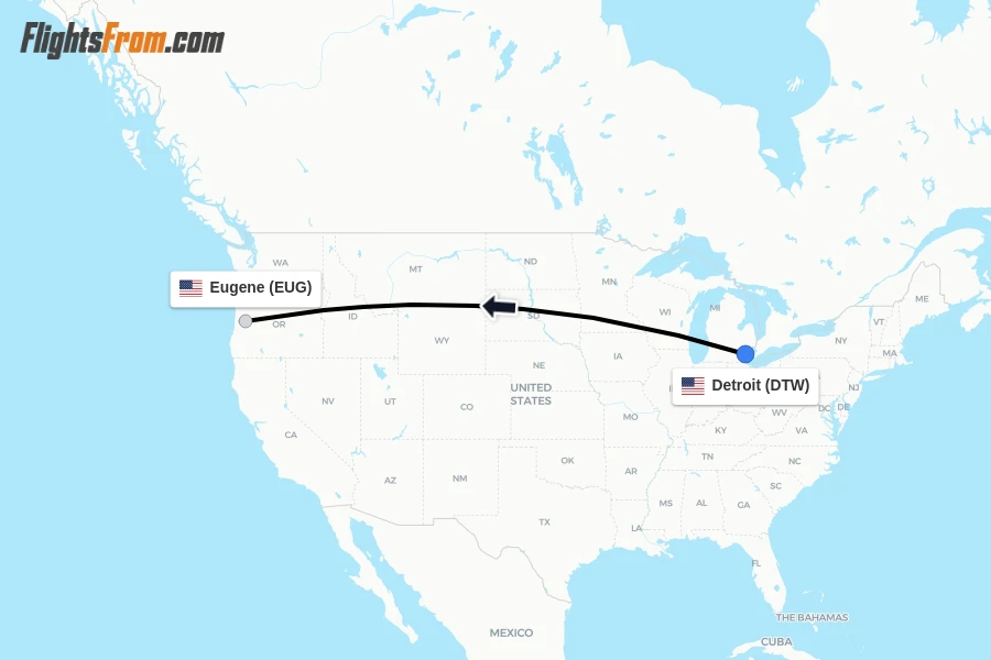 Flights from Detroit to Eugene route map