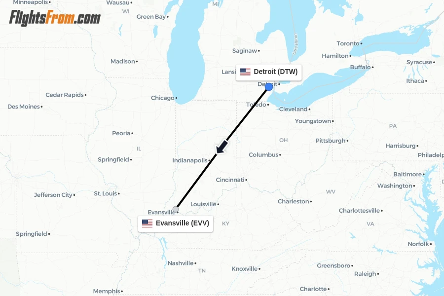 Flights from Detroit to Evansville route map