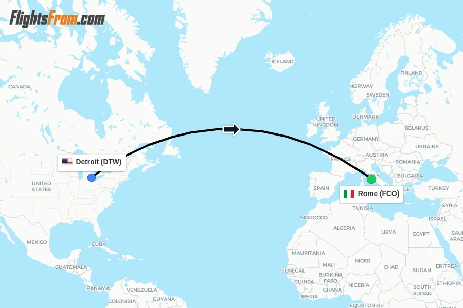 Flights from Detroit to Rome route map