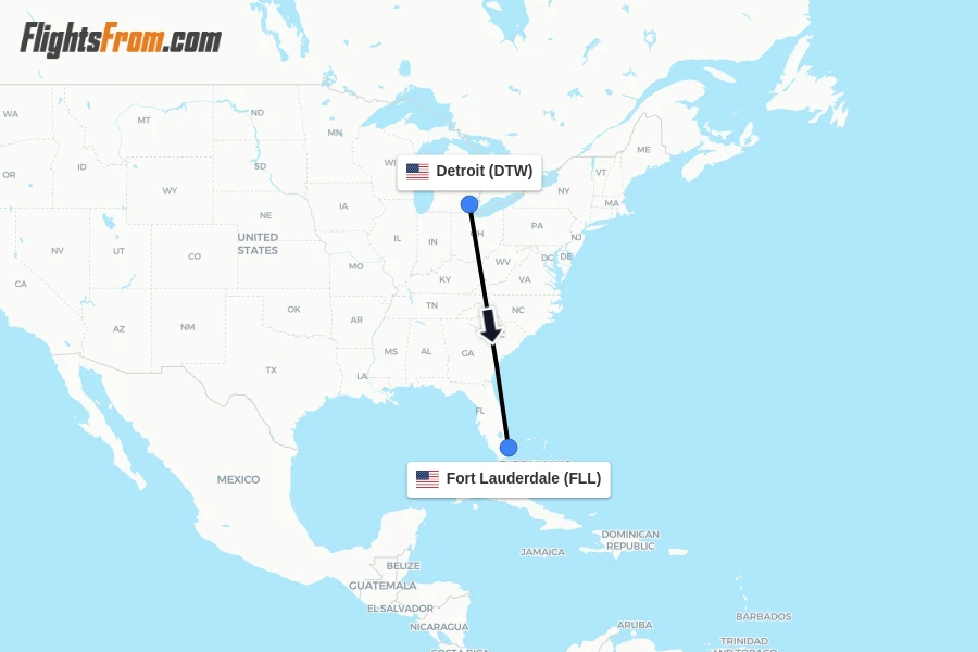 Flights from Detroit to Fort Lauderdale route map