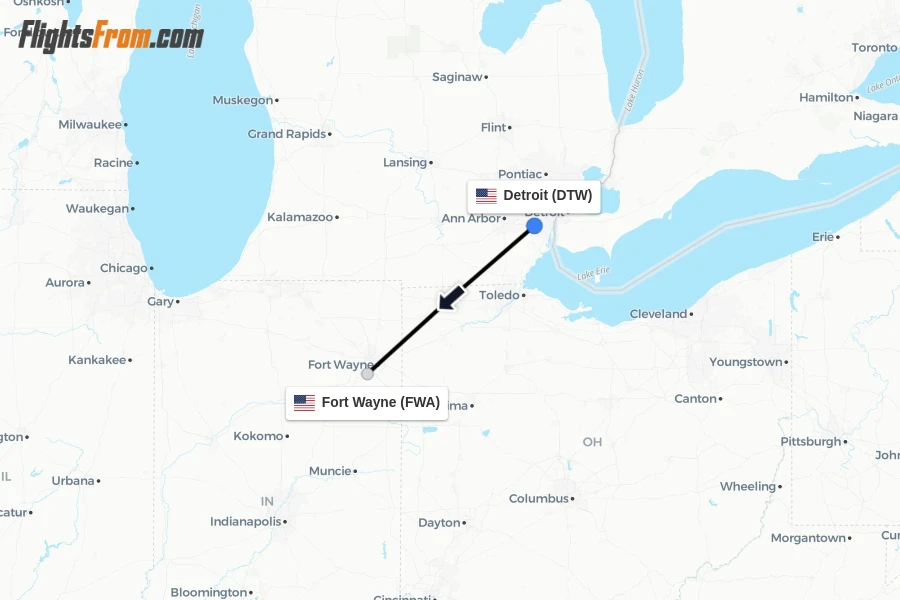 Flights from Detroit to Fort Wayne route map